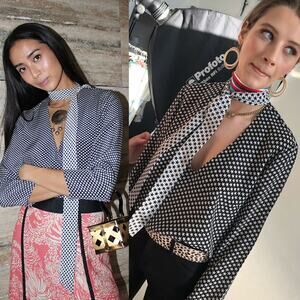 RIXO LONDON Sadie Star Pint 100% Silk Front Tie Blouse in Black White Size L